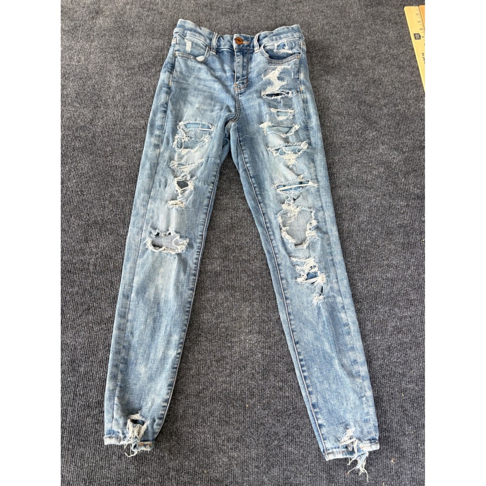 American Eagle Next Level Stretch Light Wash Heavy Distressed Skinny Jean Size 4